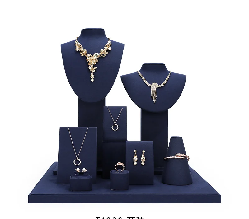 Navy jewelry display stand set with necklace busts and ring holders